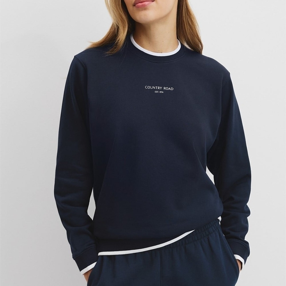 Country Road Navy Blue Cotton French Terry Crewneck Pullover Sweatshirt Preppy